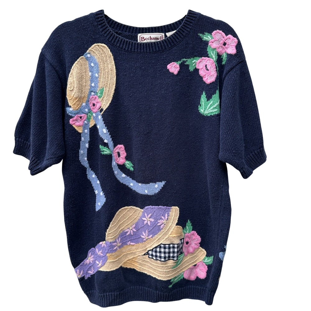 SOLD!! Bechamel Vintage Navy Short Sleeve Knit Sweater Women Small Easter Spring
